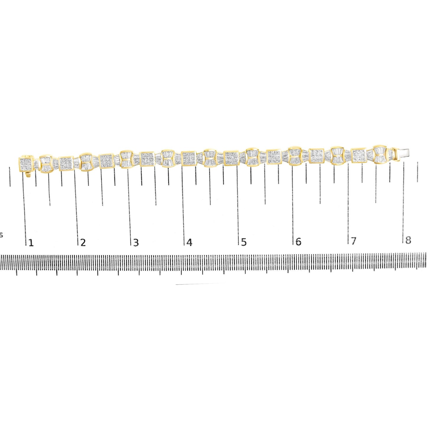 Yellow metal bracelet with alternating square and curved links set with white gemstones, shown on a scale from a top-down angle.