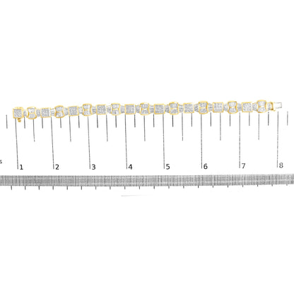 Yellow metal bracelet with alternating square and curved links set with white gemstones, shown on a scale from a top-down angle.