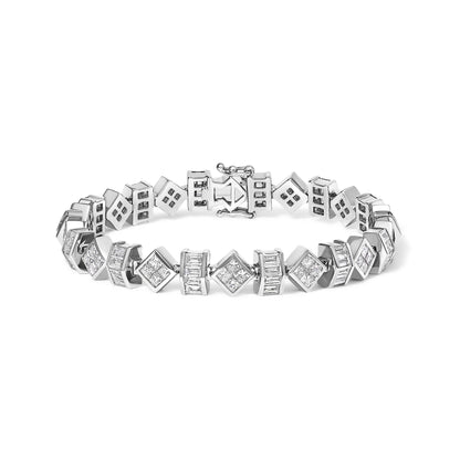White bracelet shown on a white background, featuring alternating square and rectangular links with white baguette and princess shaped gemstones, shot from a front angle.