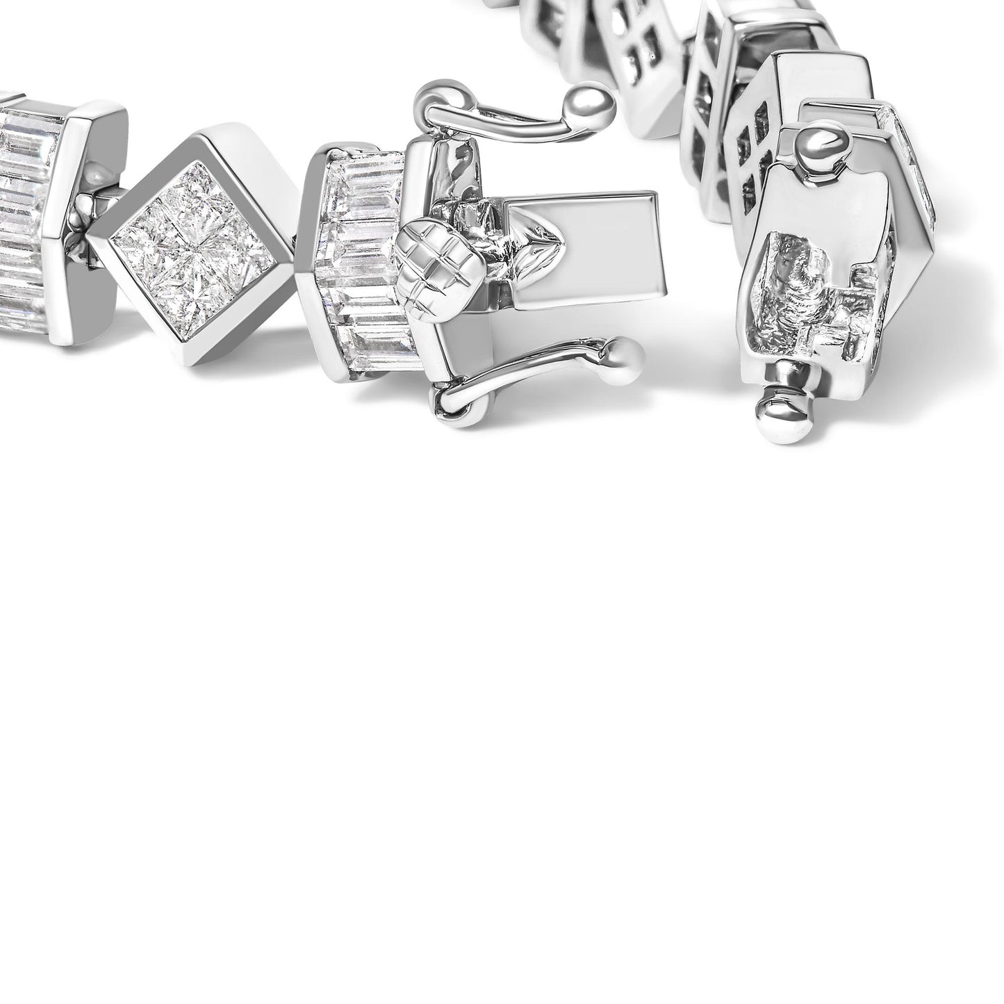 Close-up view of a white bracelet with baguette-shaped gemstones in channel settings and square sections with princess-shaped gemstones in invisible settings, shown from the front and side angle focusing on the clasp.