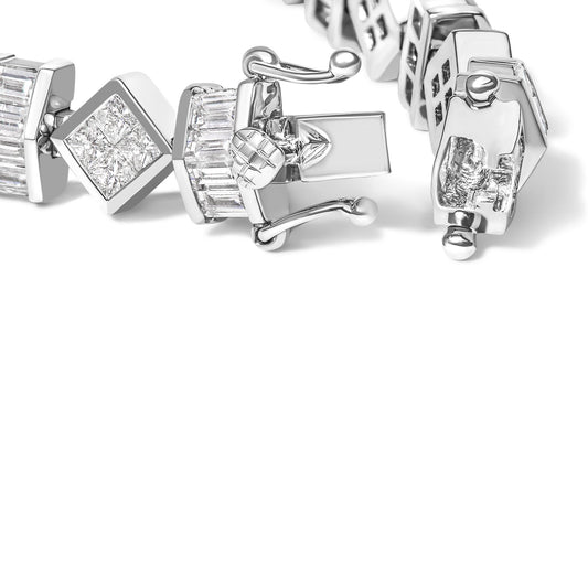 Close-up view of a white bracelet with baguette-shaped gemstones in channel settings and square sections with princess-shaped gemstones in invisible settings, shown from the front and side angle focusing on the clasp.