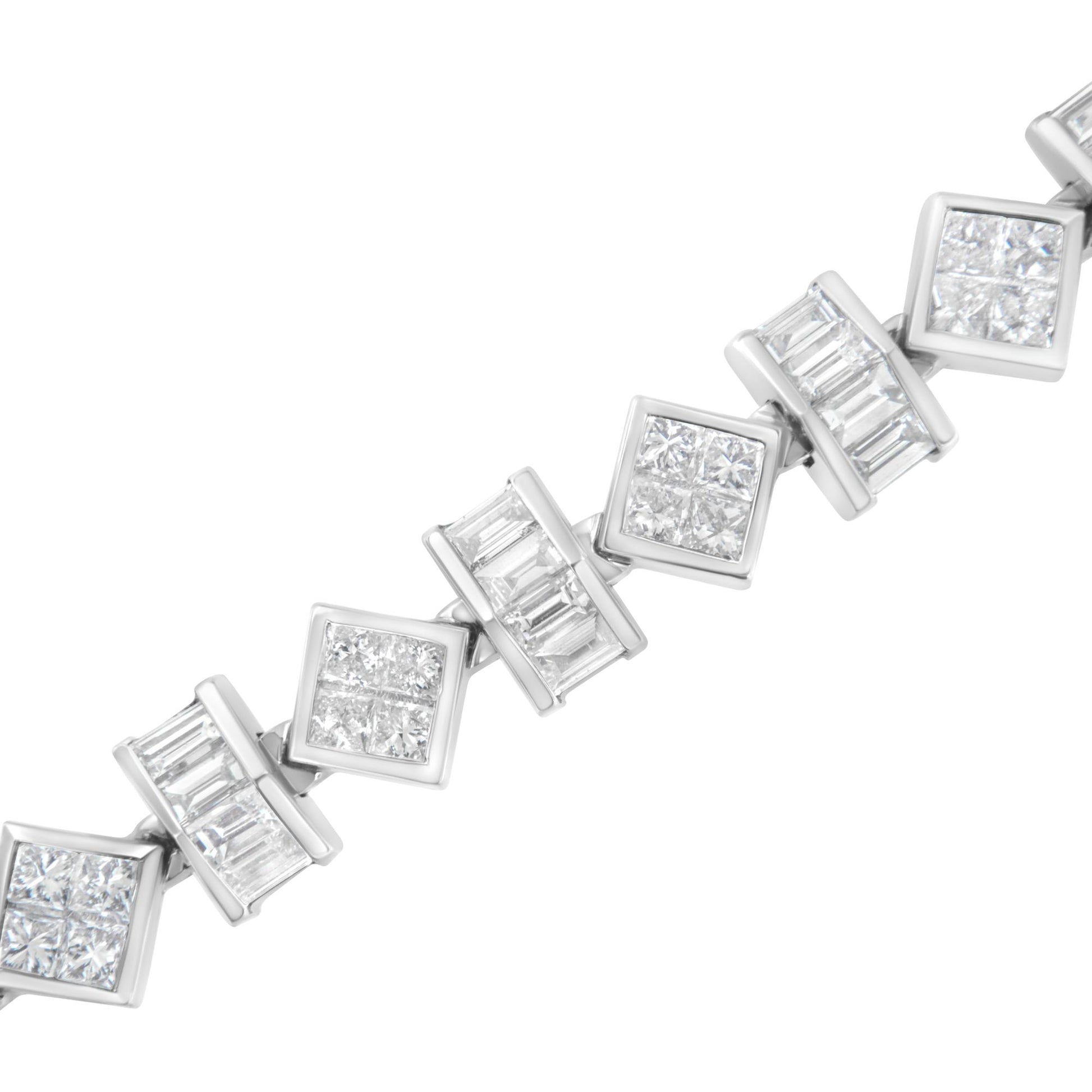 Close-up angled shot of a white metal bracelet featuring alternating square links with clusters of white princess-shaped gemstones and rectangular links with channel-set white baguette-shaped gemstones.
