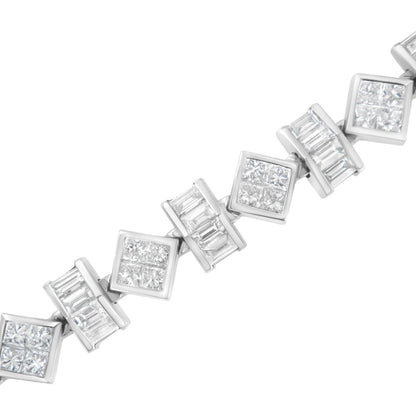 Close-up angled shot of a white metal bracelet featuring alternating square links with clusters of white princess-shaped gemstones and rectangular links with channel-set white baguette-shaped gemstones.