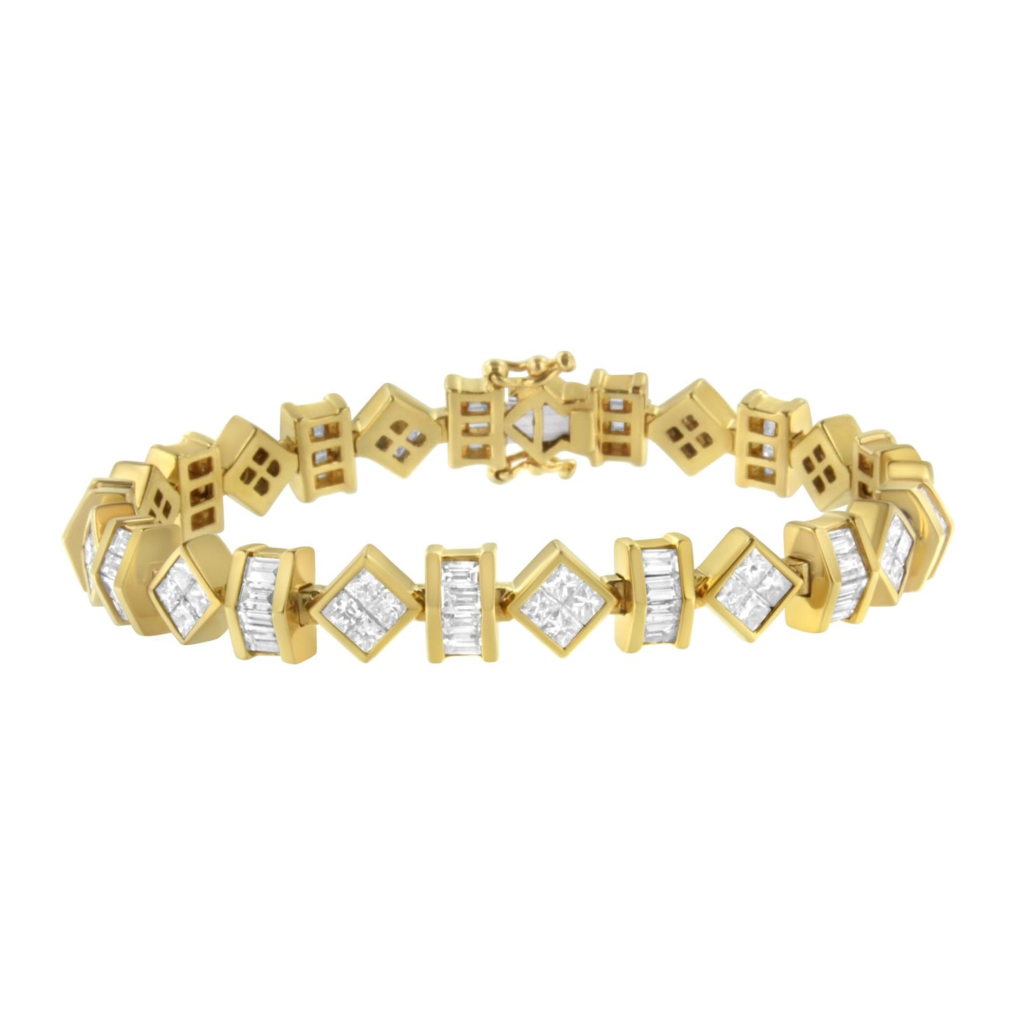 Front angle view of a yellow bracelet featuring alternating sections of white baguette-shaped and princess-shaped gemstones set in channel and invisible settings.