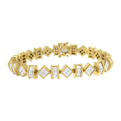 Front angle view of a yellow bracelet featuring alternating sections of white baguette-shaped and princess-shaped gemstones set in channel and invisible settings.