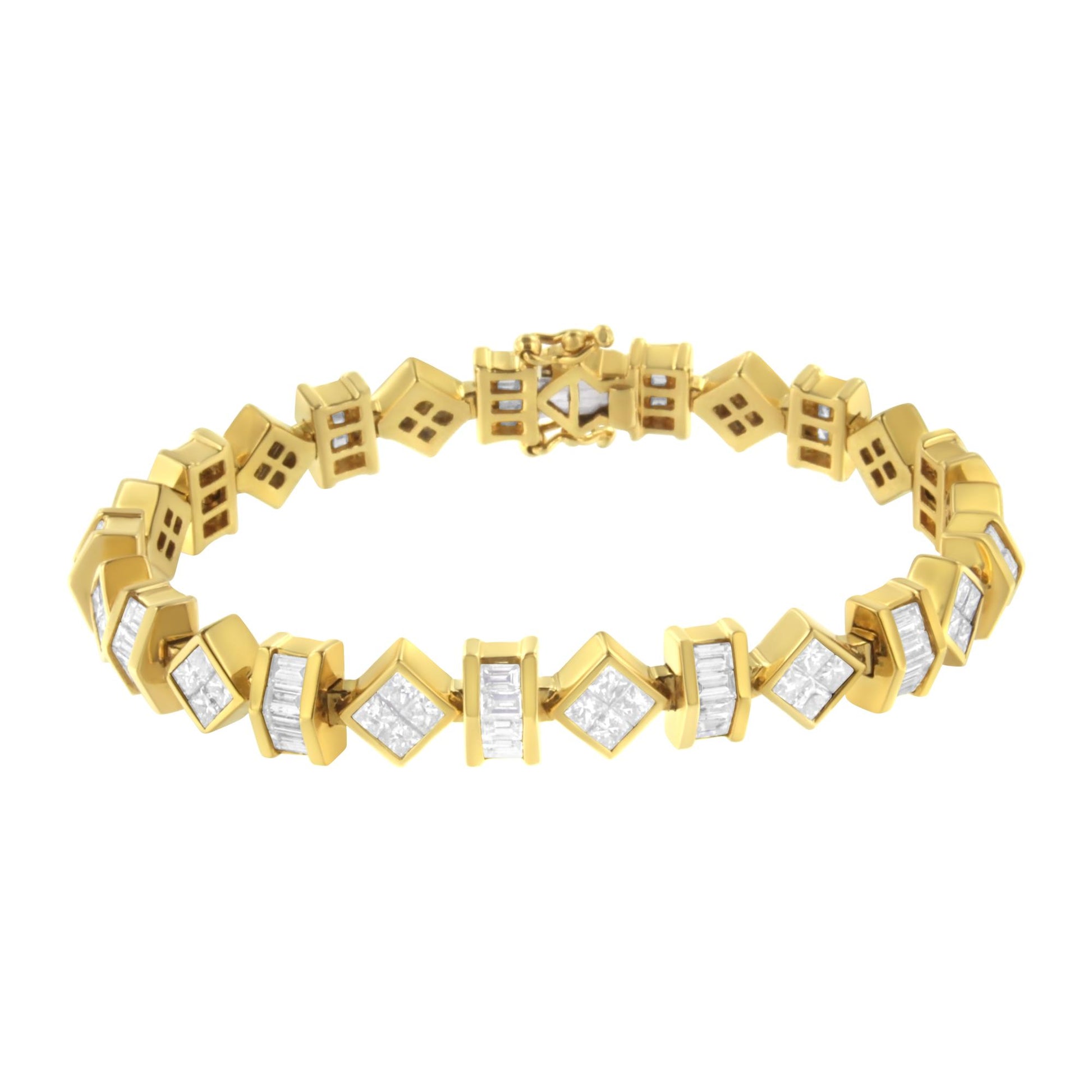 Yellow bracelet with alternating square and rectangular links set with white gemstones, shown in a front-facing angle.