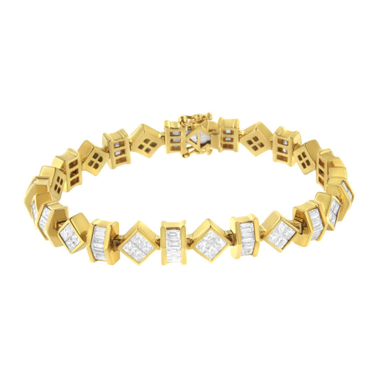 Yellow bracelet with alternating square and rectangular links set with white gemstones, shown in a front-facing angle.