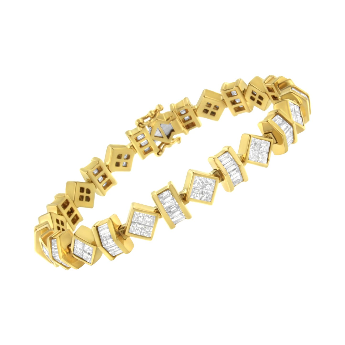 Yellow metal bracelet with alternating square and rectangular white gemstones, shown at an angle against a white background.