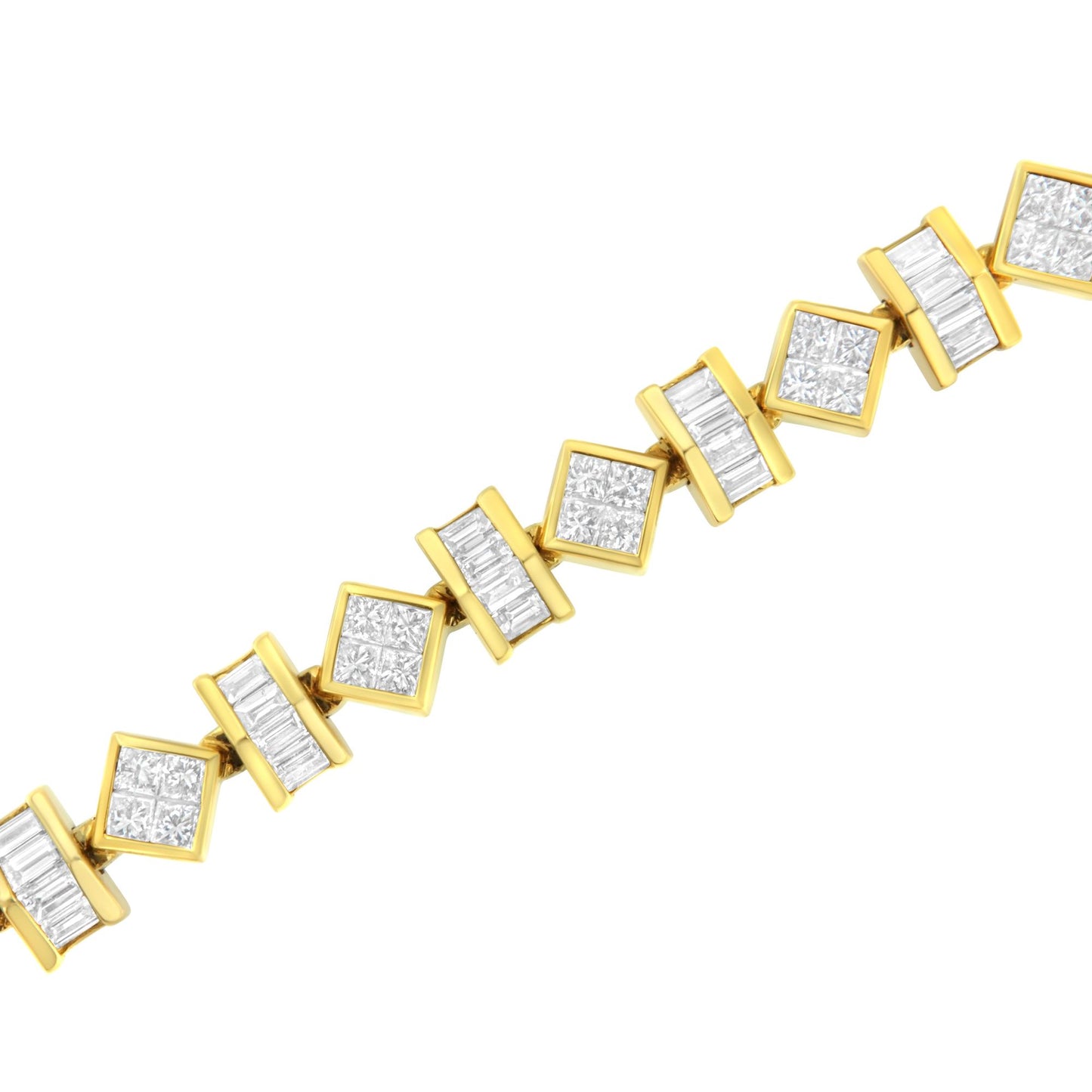 Yellow bracelet with alternating square and rectangular settings featuring white gemstones in princess and baguette shapes, shown in a close-up angled view.