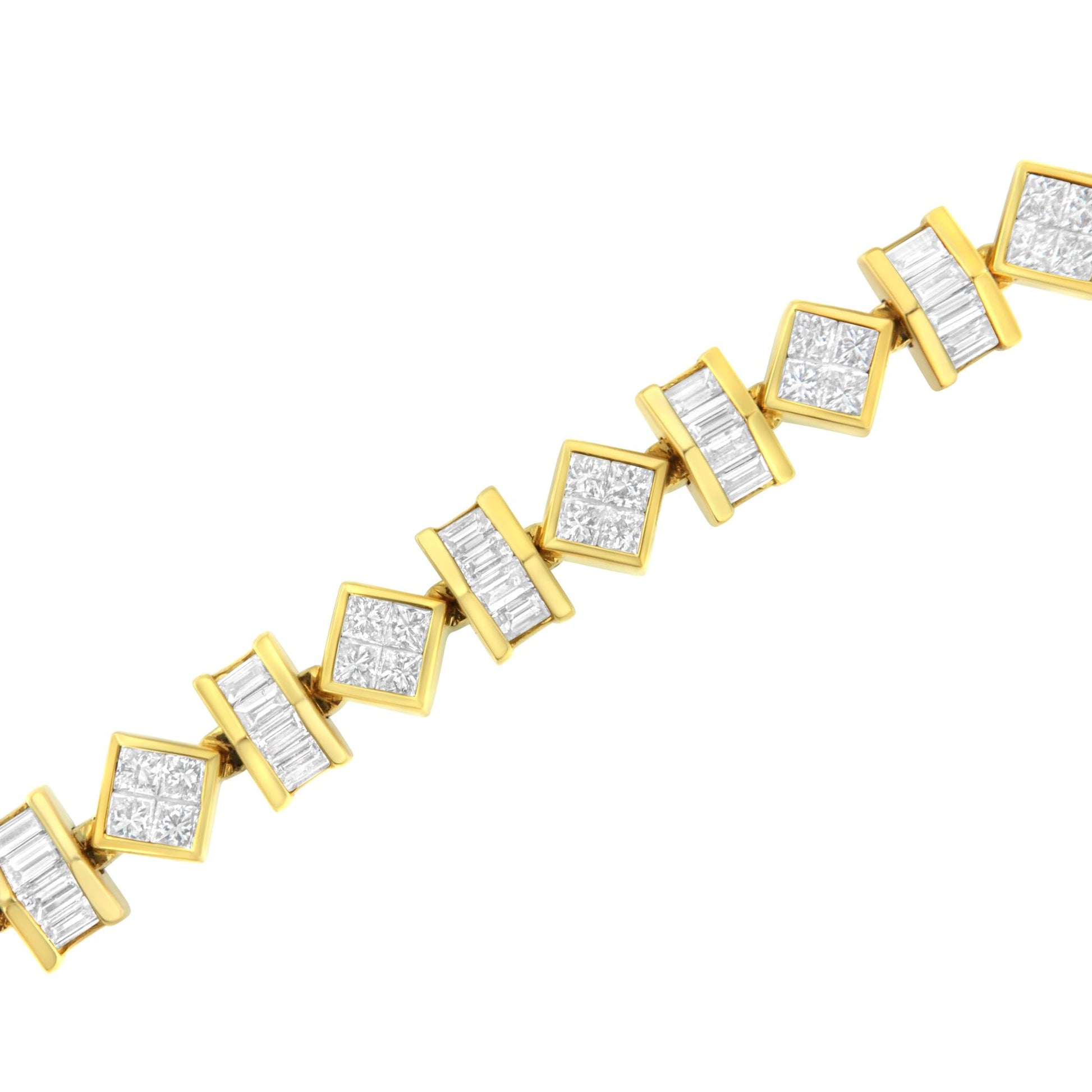 Yellow bracelet with alternating square and rectangular settings featuring white gemstones in princess and baguette shapes, shown in a close-up angled view.