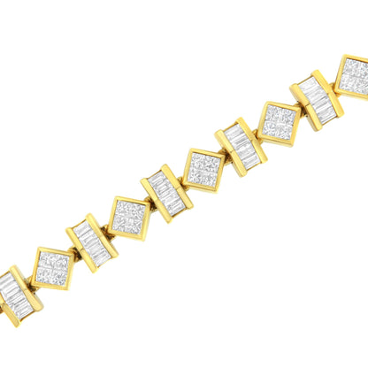 Yellow bracelet with alternating square and rectangular settings featuring white gemstones in princess and baguette shapes, shown in a close-up angled view.