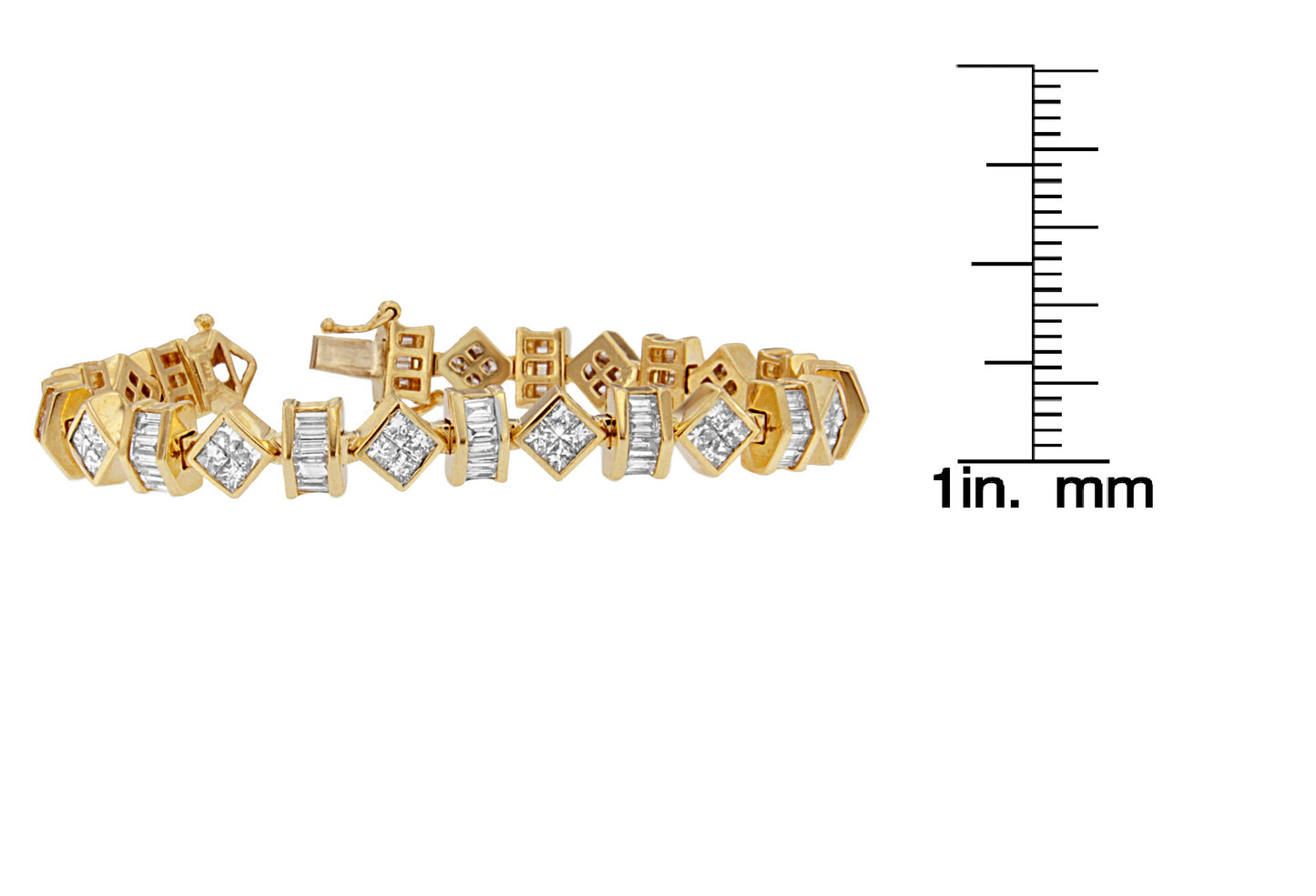 Yellow metal bracelet with alternating square and rectangular white gemstones, shown in a side angle next to a ruler for size reference.