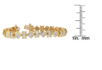 Yellow metal bracelet with alternating square and rectangular white gemstones, shown in a side angle next to a ruler for size reference.