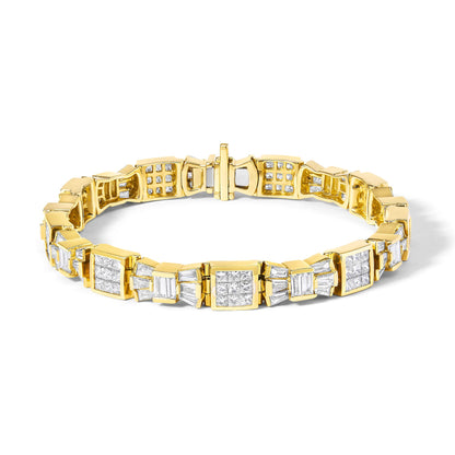 Yellow bracelet shown from a front angle with alternating square segments set with white princess-shaped gemstones and baguette-shaped gemstones in a channel setting.