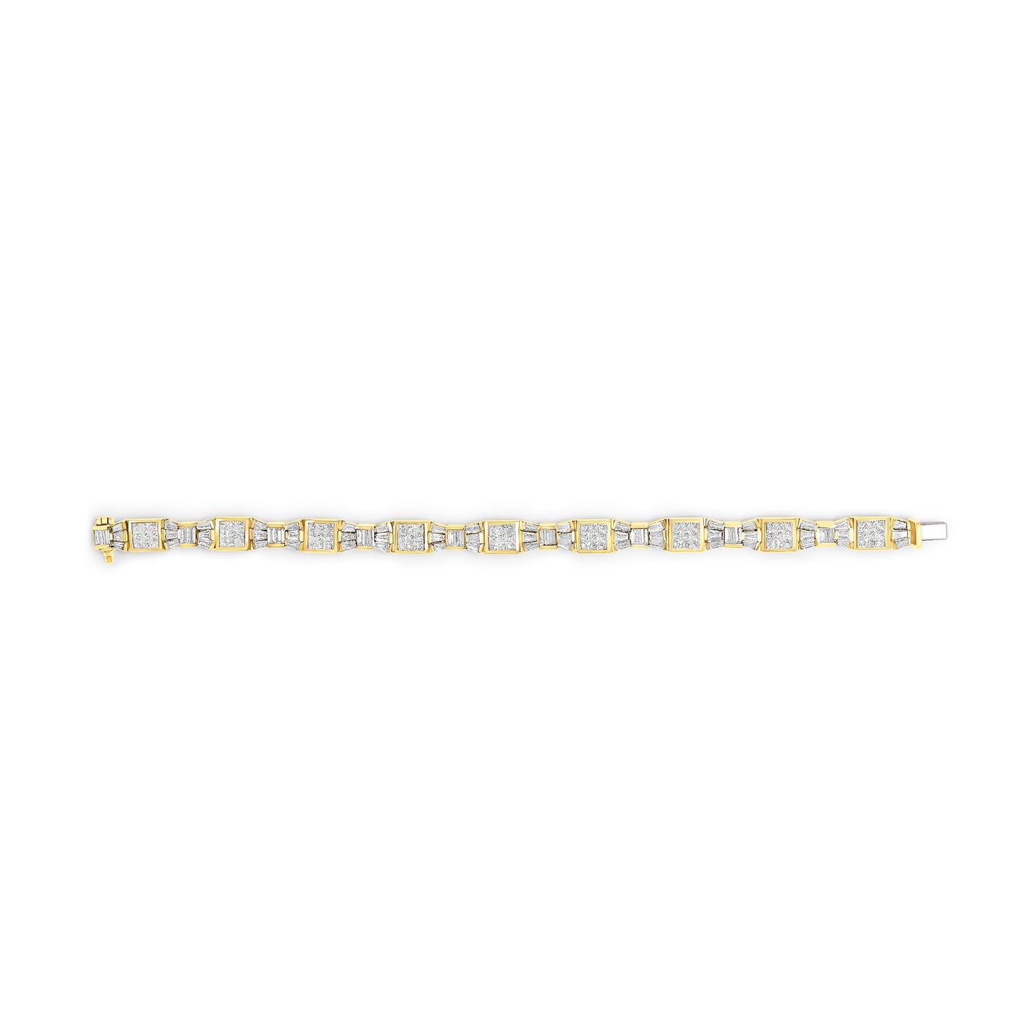 Top-down view of a yellow metal bracelet featuring square links with white gemstones in princess shape with invisible settings, alternating with sections of baguette-shaped white gemstones in channel settings.