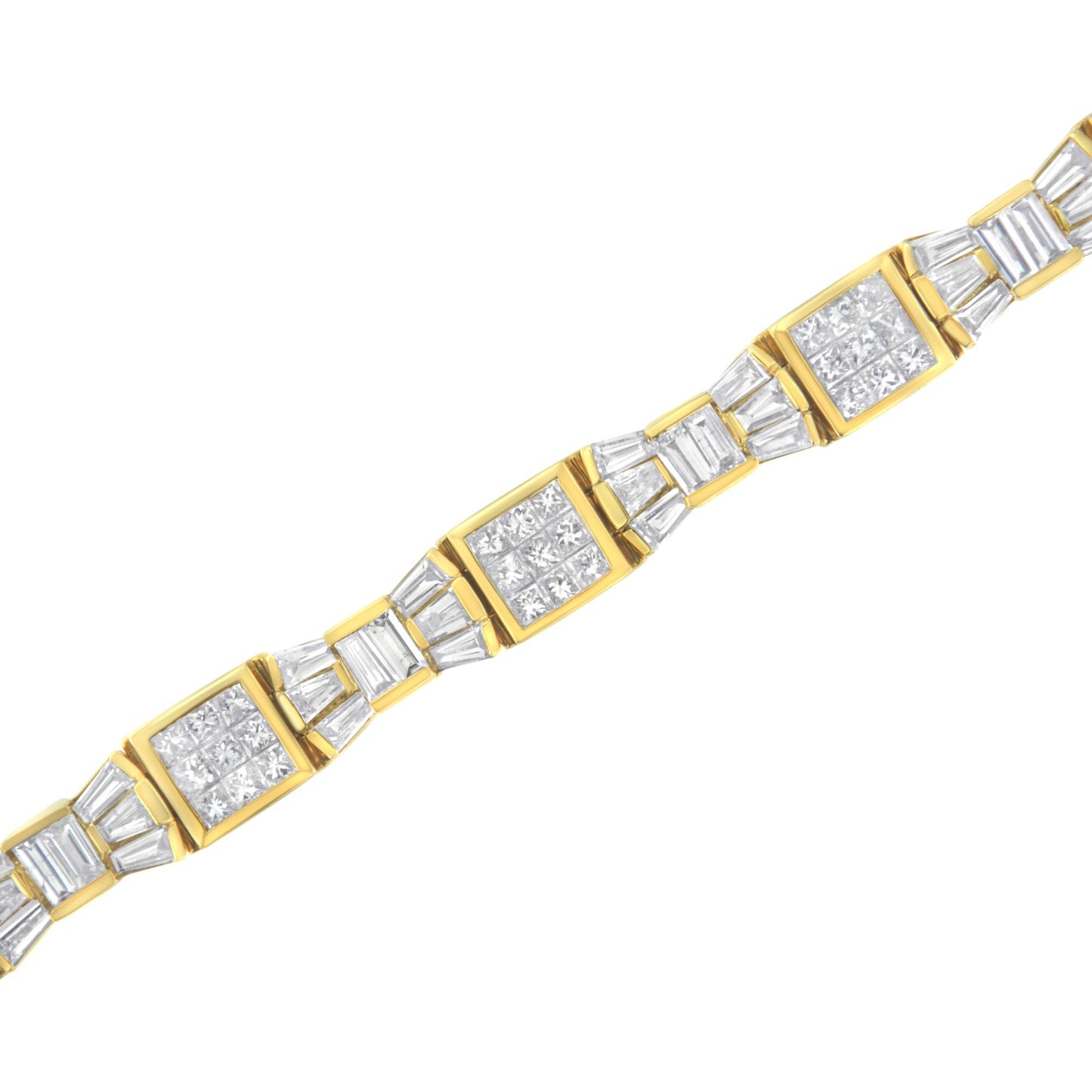 Yellow metal bracelet with alternating square sections set with white princess shape gemstones and baguette shape gemstones in a horizontal channel setting, shown in a diagonal close-up angle.