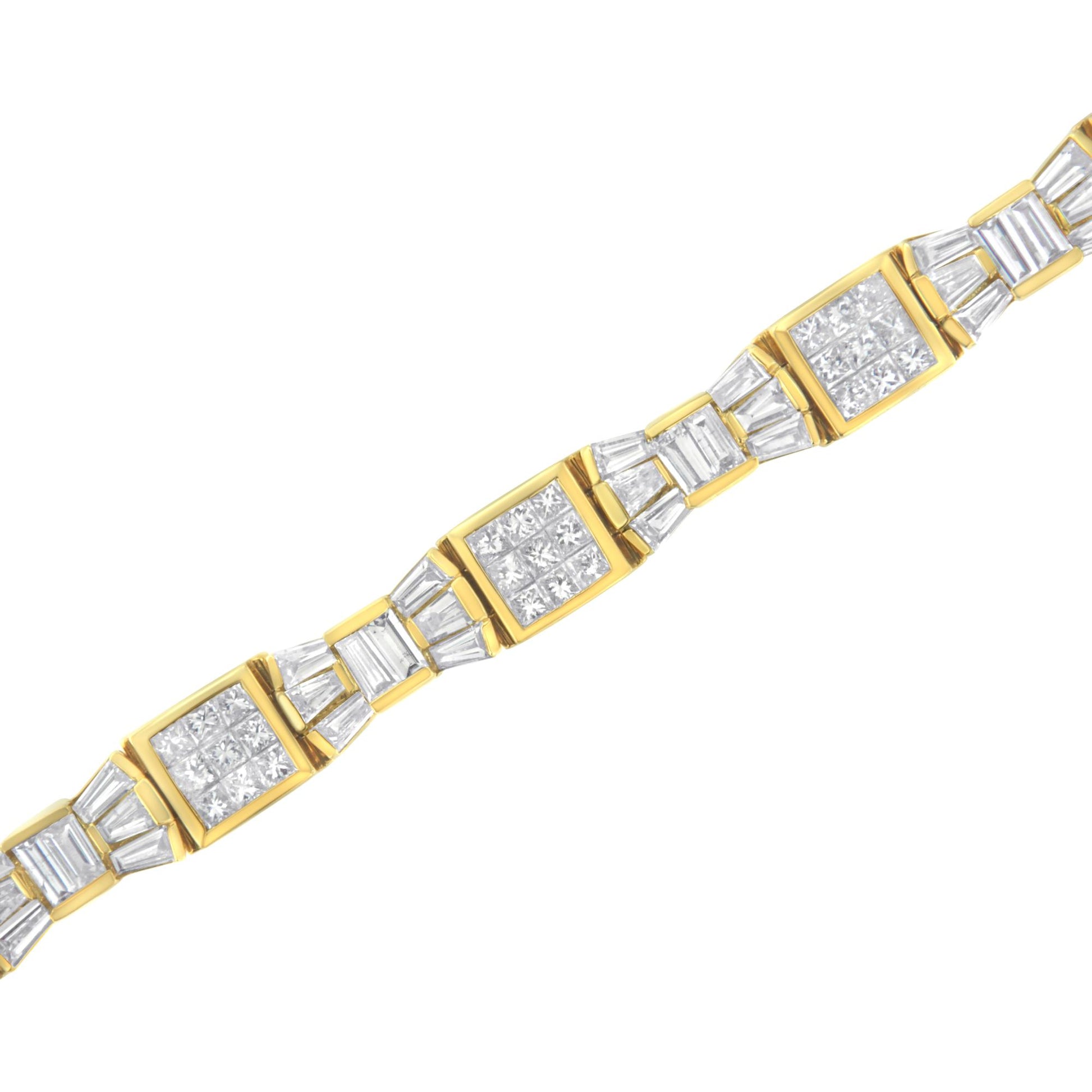 Yellow metal bracelet with alternating square sections set with white princess shape gemstones and baguette shape gemstones in a horizontal channel setting, shown in a diagonal close-up angle.