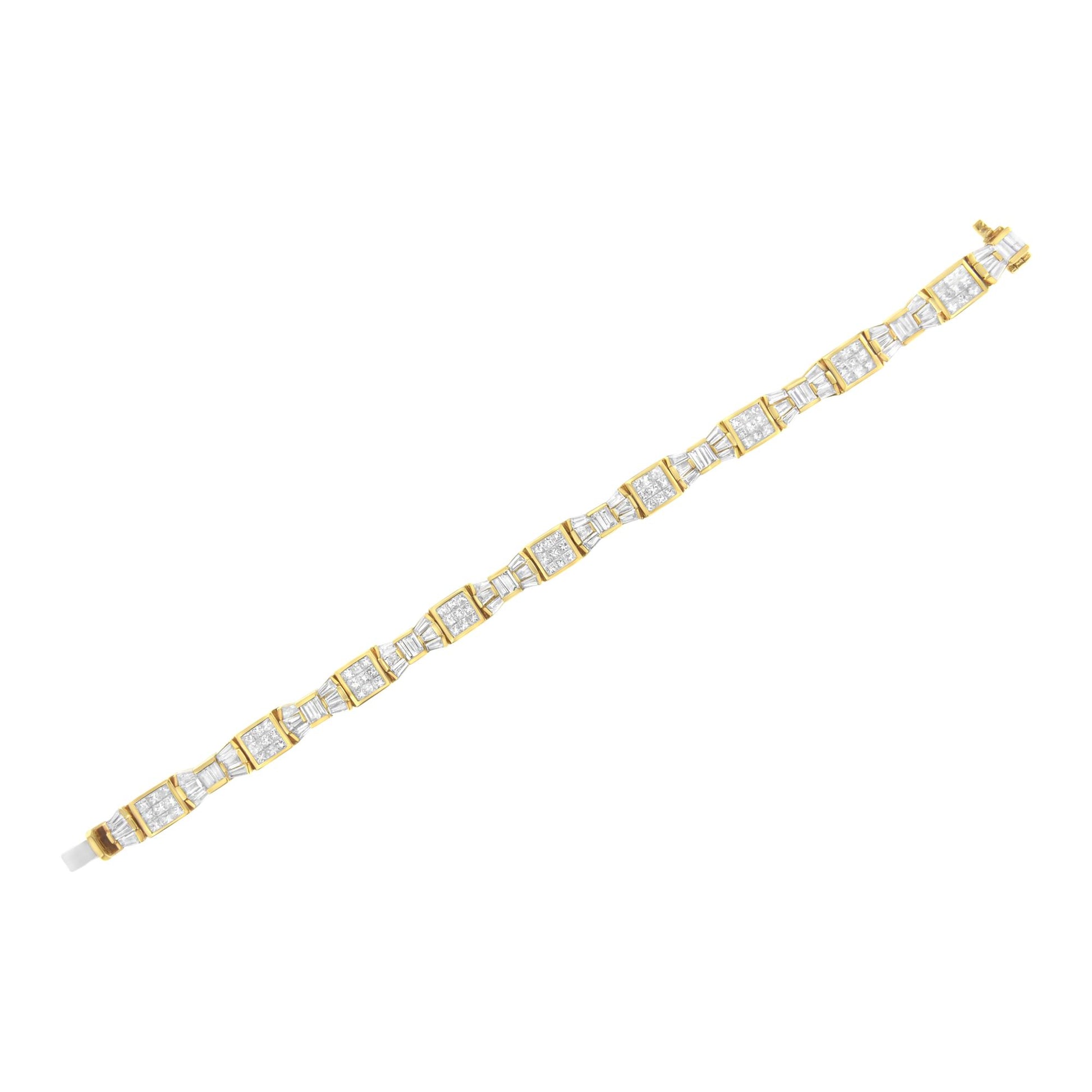 Yellow metal bracelet with alternating square sections set with clustered white gemstones in invisible setting and connecting segments with white baguette-shaped gemstones in channel setting, shown from a top flat lay angle on a white background.
