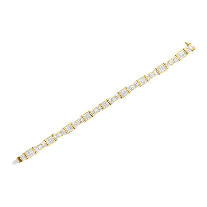 Yellow metal bracelet with alternating square sections set with clustered white gemstones in invisible setting and connecting segments with white baguette-shaped gemstones in channel setting, shown from a top flat lay angle on a white background.