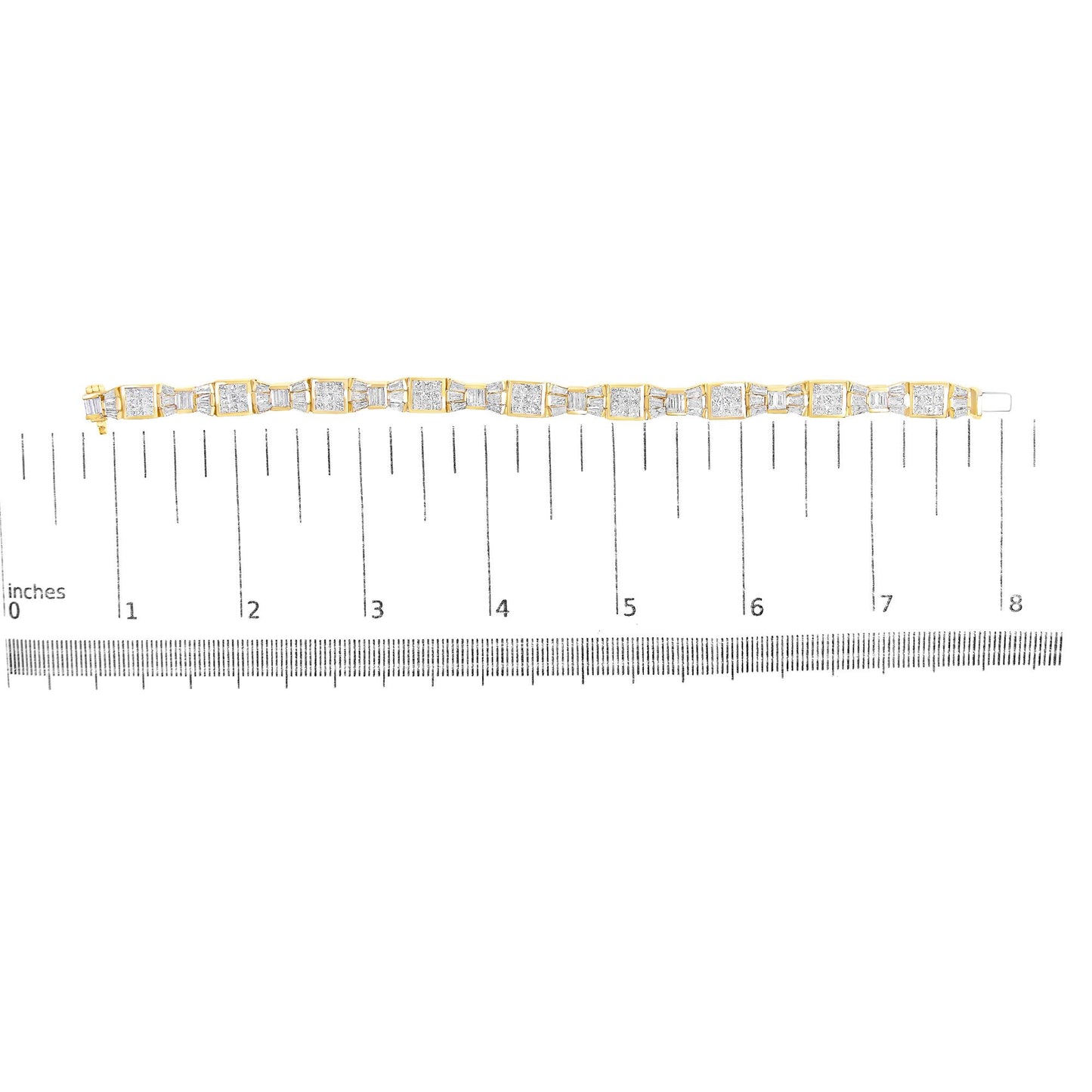 Yellow metal bracelet with alternating square sections set with white princess shape gemstones in an invisible setting and smaller baguette shape gemstones in a channel setting, shown flat on a ruler scale from a top-down angle.