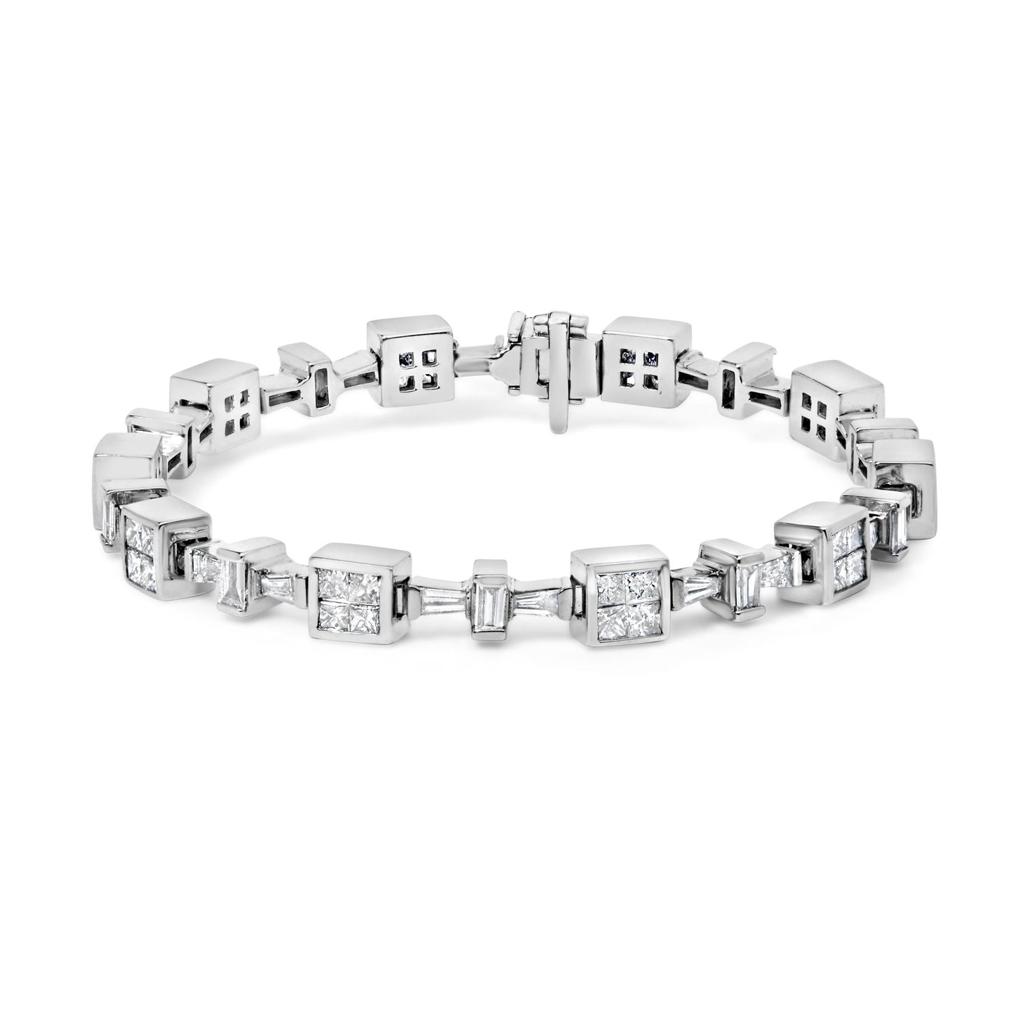White metal bracelet with alternating square and rectangular settings featuring white baguette and princess-shaped gemstones, shown in a front-facing angle on a white background.