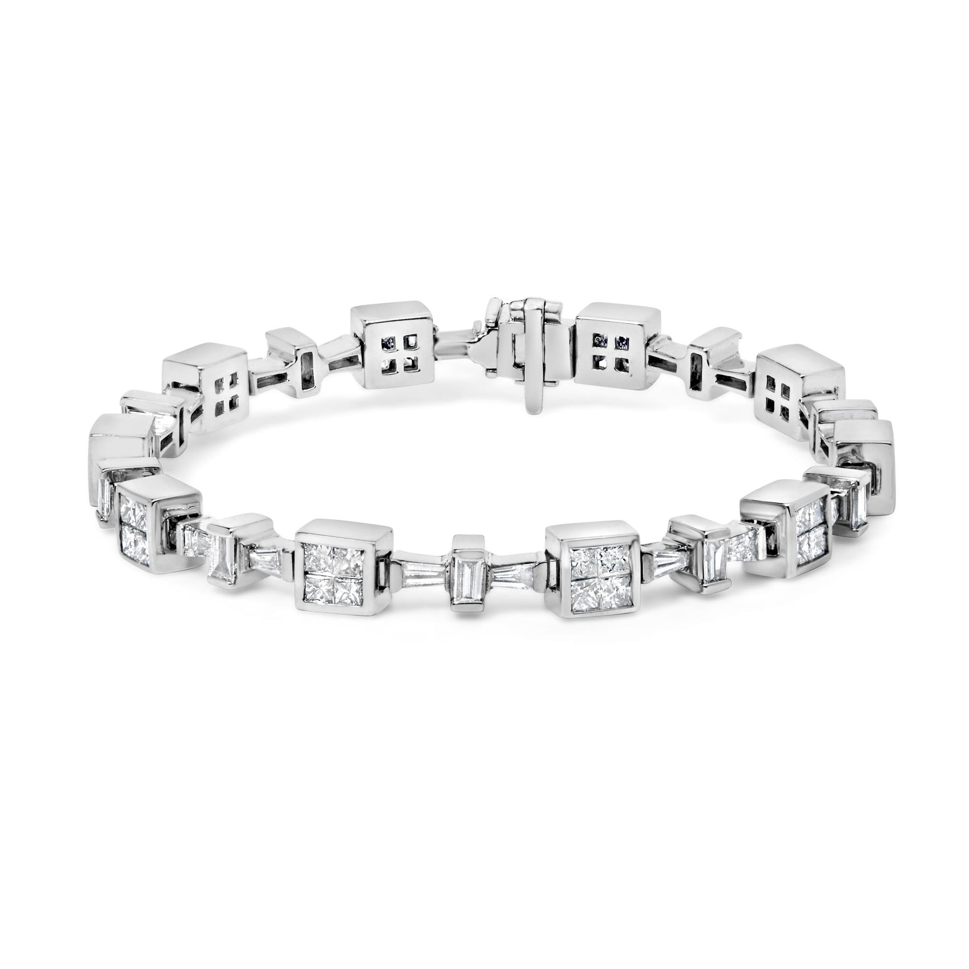 White metal bracelet with alternating square and rectangular settings featuring white baguette and princess-shaped gemstones, shown in a front-facing angle on a white background.