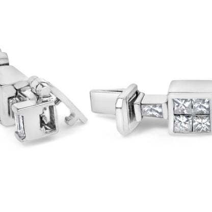 Close-up image of a white bracelet clasp featuring square segments with white princess-shaped gemstones in an invisible setting and baguette-shaped gemstones in a channel setting, shown from a side angle.