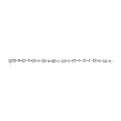 White metal bracelet with alternating square and rectangular white gemstones in invisible and channel settings, shown from a top-down angle on a white background.