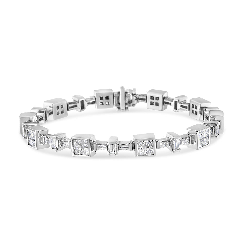 White metal bracelet shown on a white background, featuring alternating square settings with white princess shape gemstones and smaller baguette shape gemstones in a channel setting, captured from a front angled view.