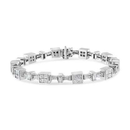 White metal bracelet shown on a white background, featuring alternating square settings with white princess shape gemstones and smaller baguette shape gemstones in a channel setting, captured from a front angled view.