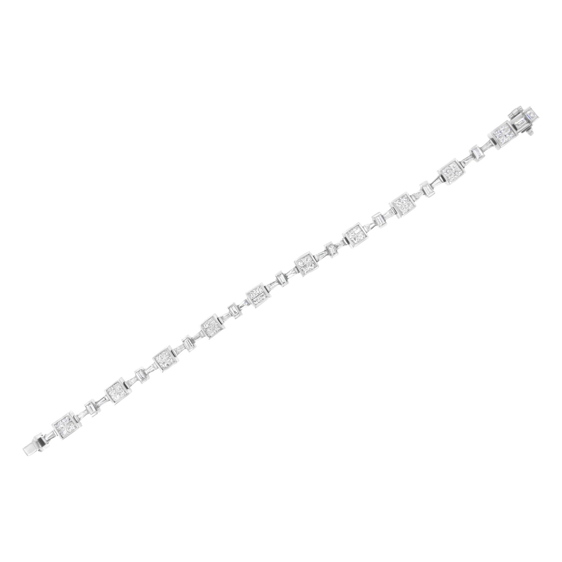 White metal bracelet with alternating square and baguette-shaped white gemstones, shown flat from a top angle on a white background.