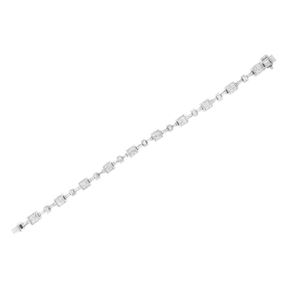 White metal bracelet with alternating square and baguette-shaped white gemstones, shown flat from a top angle on a white background.