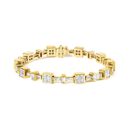 Yellow bracelet with square and rectangular white gemstones in channel and invisible settings, shown at a slight angle on a white background.