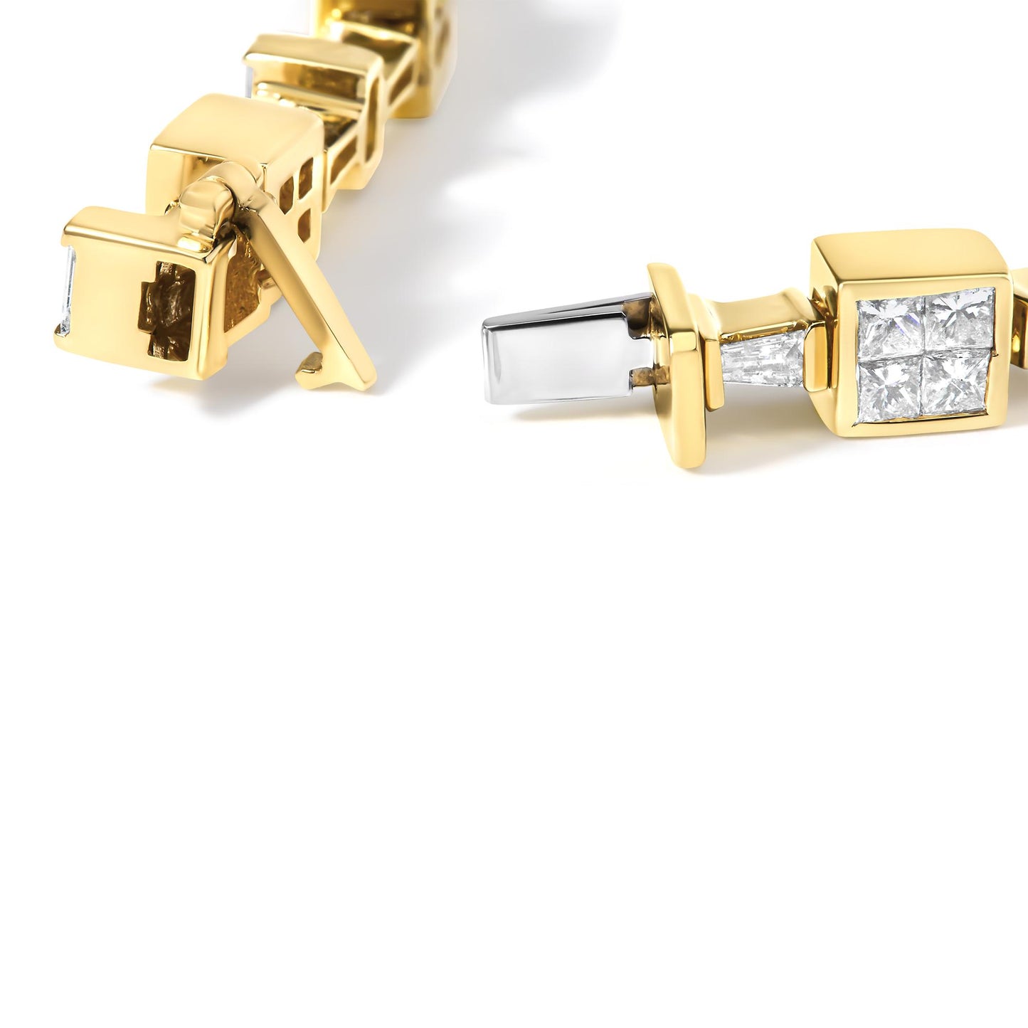 Close-up angled view of a yellow bracelet featuring white gemstones in baguette and princess shapes with channel and invisible settings.