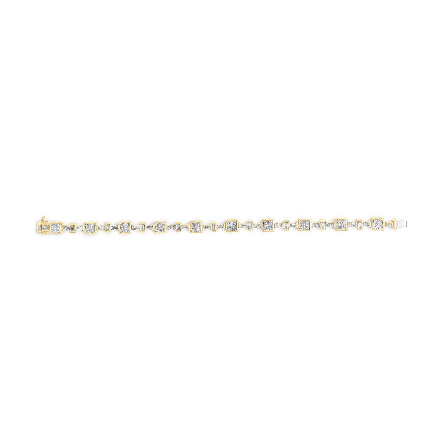 Yellow metal bracelet with alternating square and rectangular white gemstones, shown from a top-down view.
