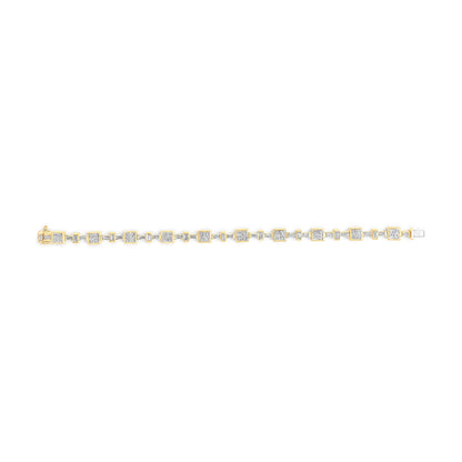 Yellow metal bracelet with alternating square and rectangular white gemstones, shown from a top-down view.