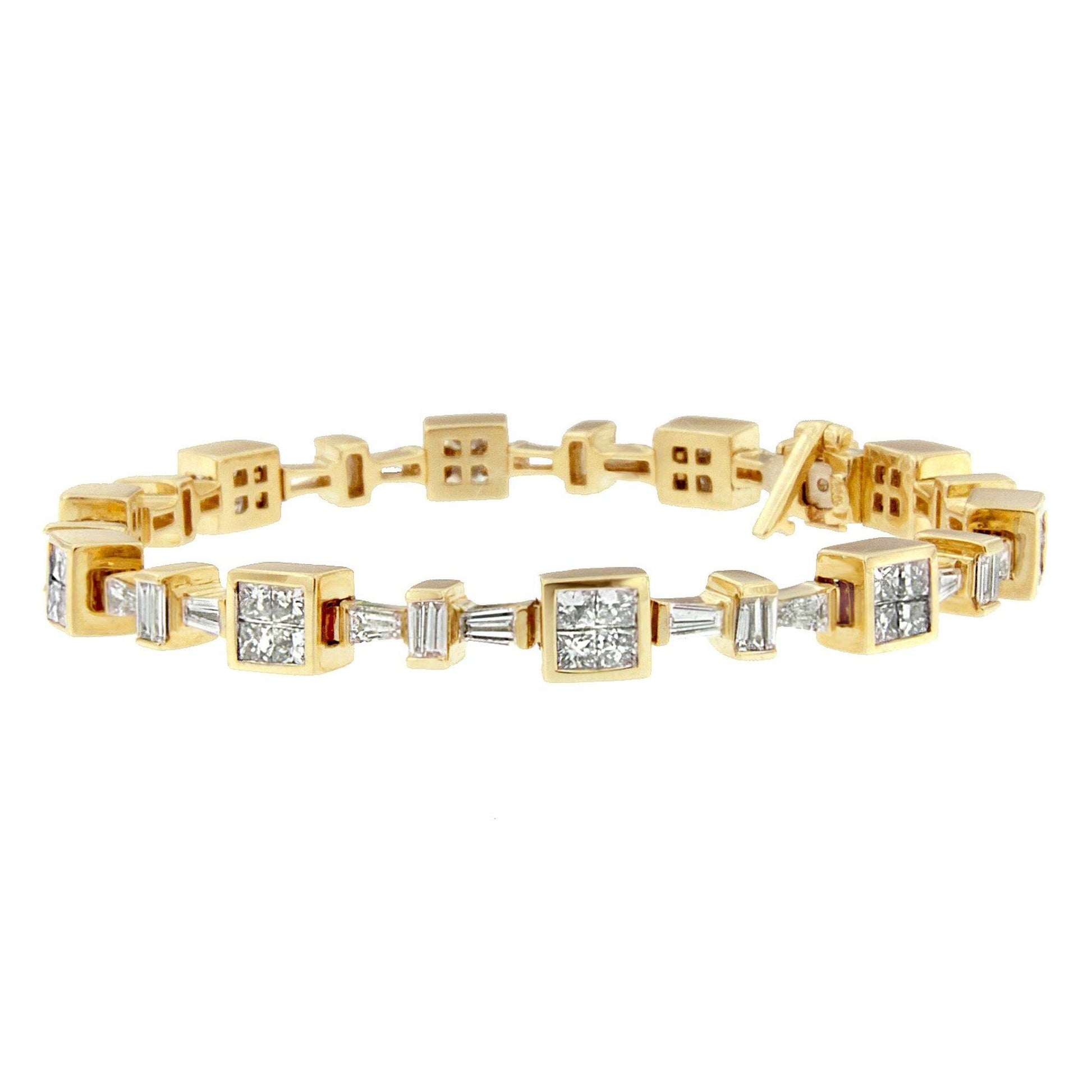 Yellow metal bracelet with alternating square links featuring clusters of white princess-shaped gemstones in invisible settings and smaller links with white baguette-shaped gemstones in channel settings, shown in a front angled view.