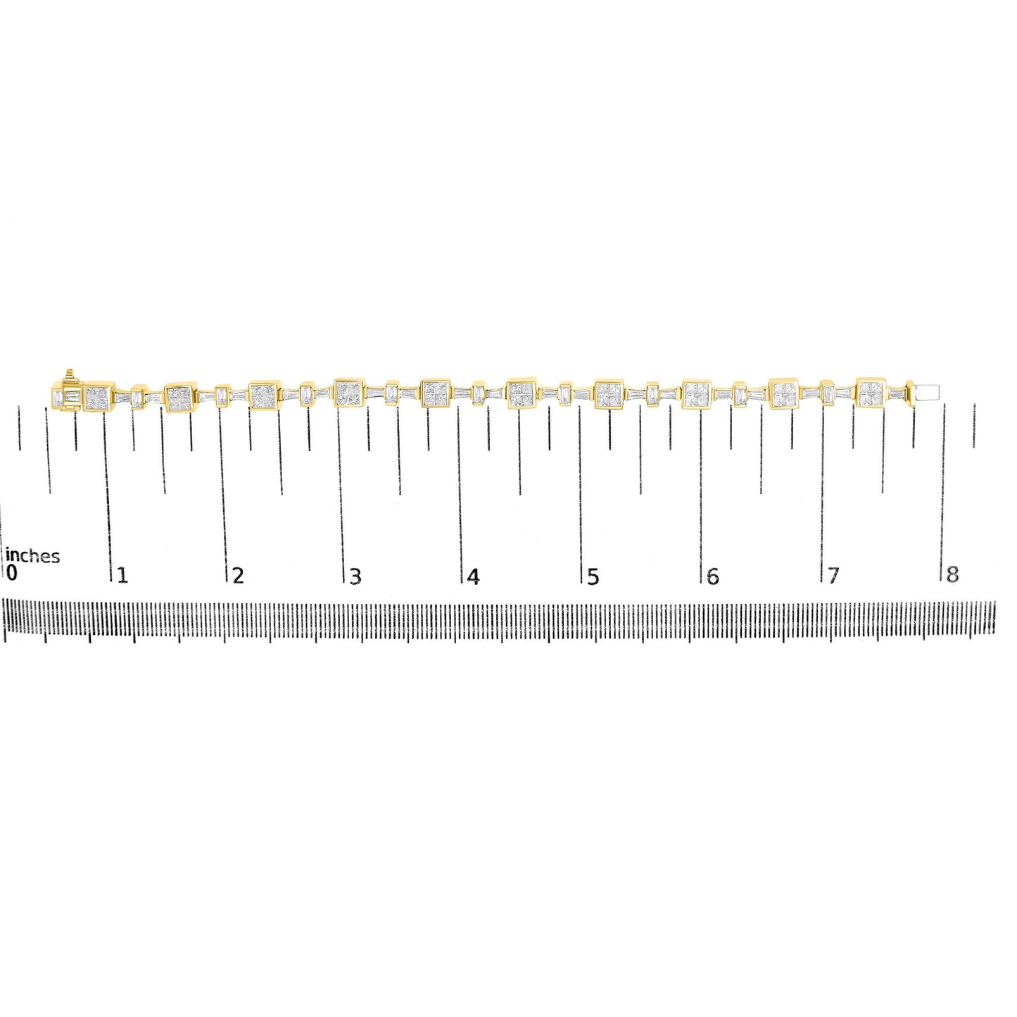 Yellow metal bracelet with alternating white baguette and princess shape gemstones, displayed flat on a ruler for size reference, top-down angle.
