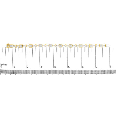 Yellow metal bracelet with alternating white baguette and princess shape gemstones, displayed flat on a ruler for size reference, top-down angle.