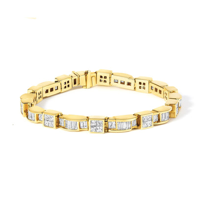 Yellow metal bracelet with alternating square and rectangular sections set with white gemstones in channel and invisible settings, shown from a top-front angle on a white background.