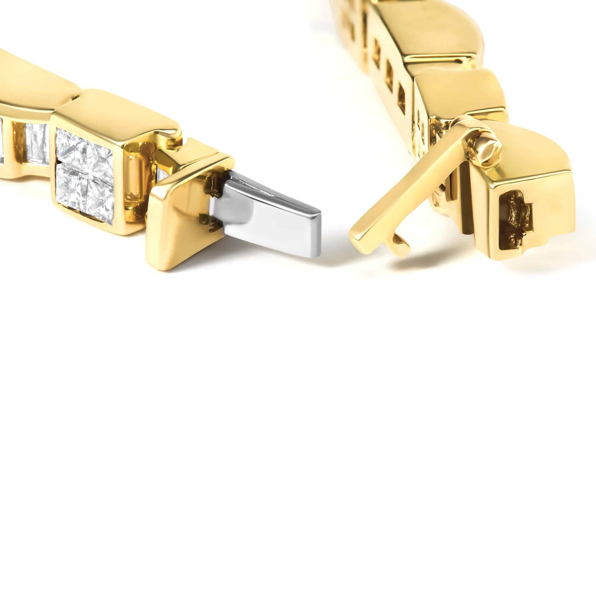 Close-up angled view of a yellow bracelet featuring white baguette and princess shape gemstones with channel and invisible settings, showing the clasp mechanism.