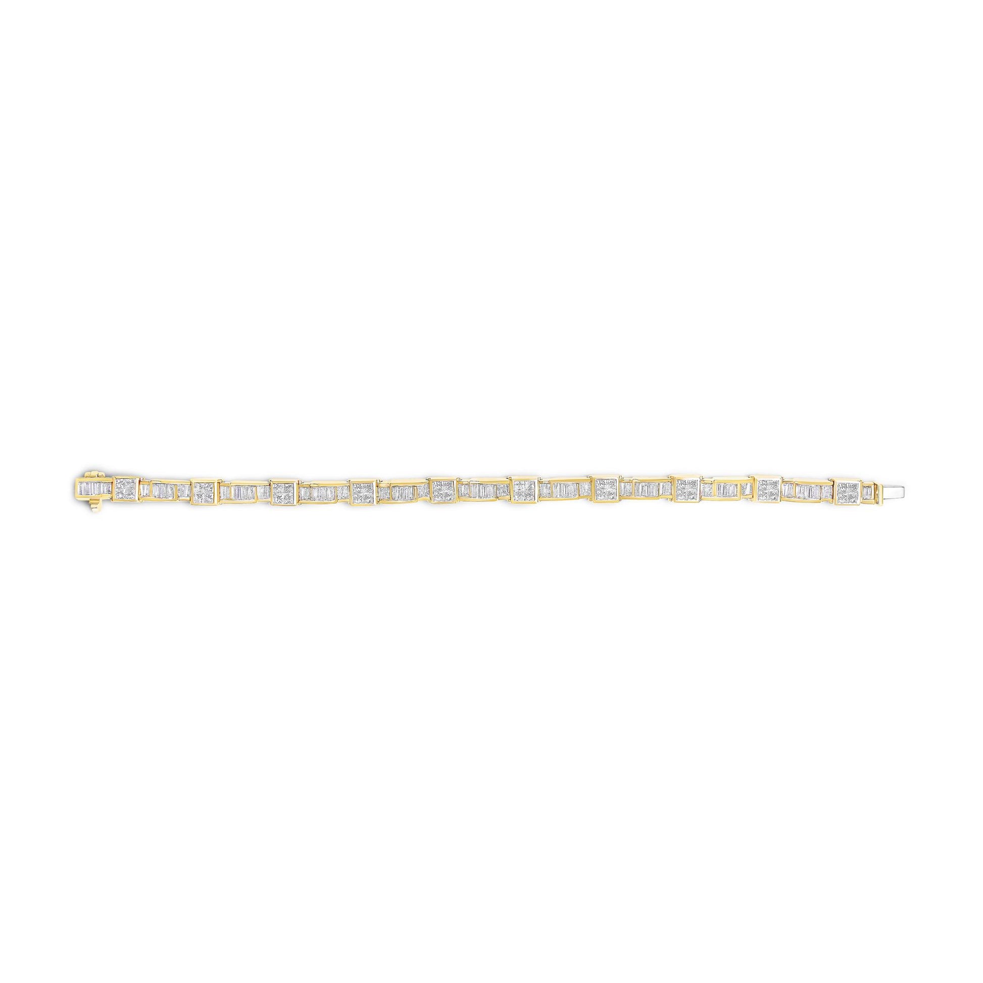 Straight-on view of a yellow metal bracelet featuring alternating sections of white baguette-shaped gemstones in channel settings and clusters of white princess-shaped gemstones in invisible settings.