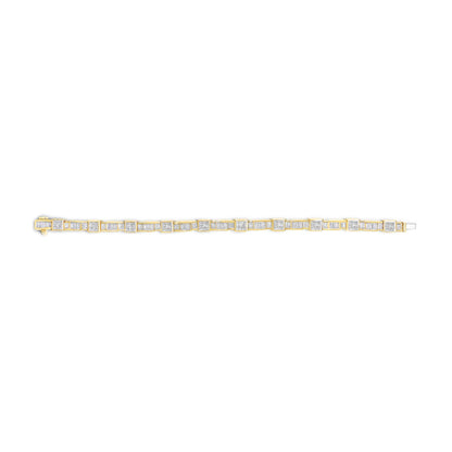 Straight-on view of a yellow metal bracelet featuring alternating sections of white baguette-shaped gemstones in channel settings and clusters of white princess-shaped gemstones in invisible settings.