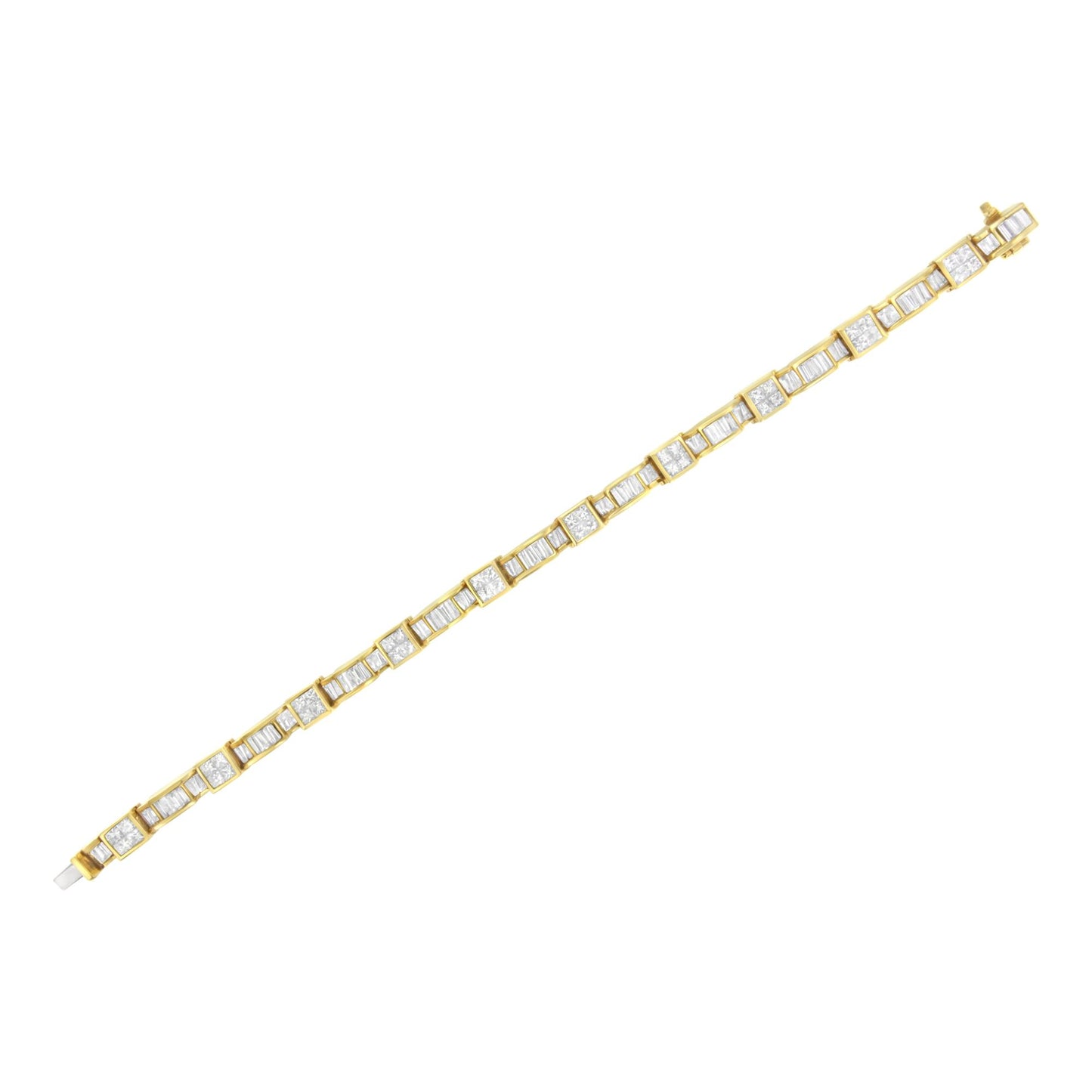 Yellow metal bracelet with alternating square white gemstones set invisibly and rectangular white gemstones set in a channel, shown flat from a top-down angle.