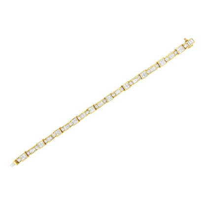 Yellow metal bracelet with alternating square white gemstones set invisibly and rectangular white gemstones set in a channel, shown flat from a top-down angle.