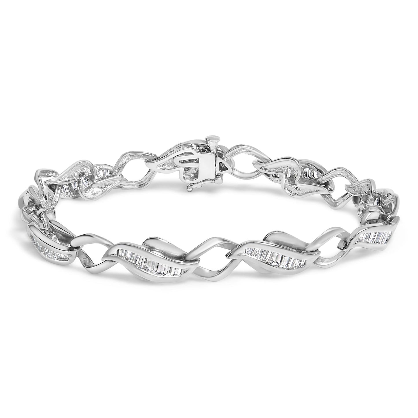 White bracelet with twisted links featuring channel-set baguette-shaped white gemstones, shown from a slightly angled top view on a white background.