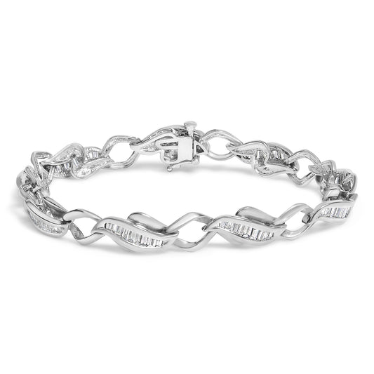 White bracelet with twisted links featuring channel-set baguette-shaped white gemstones, shown from a slightly angled top view on a white background.