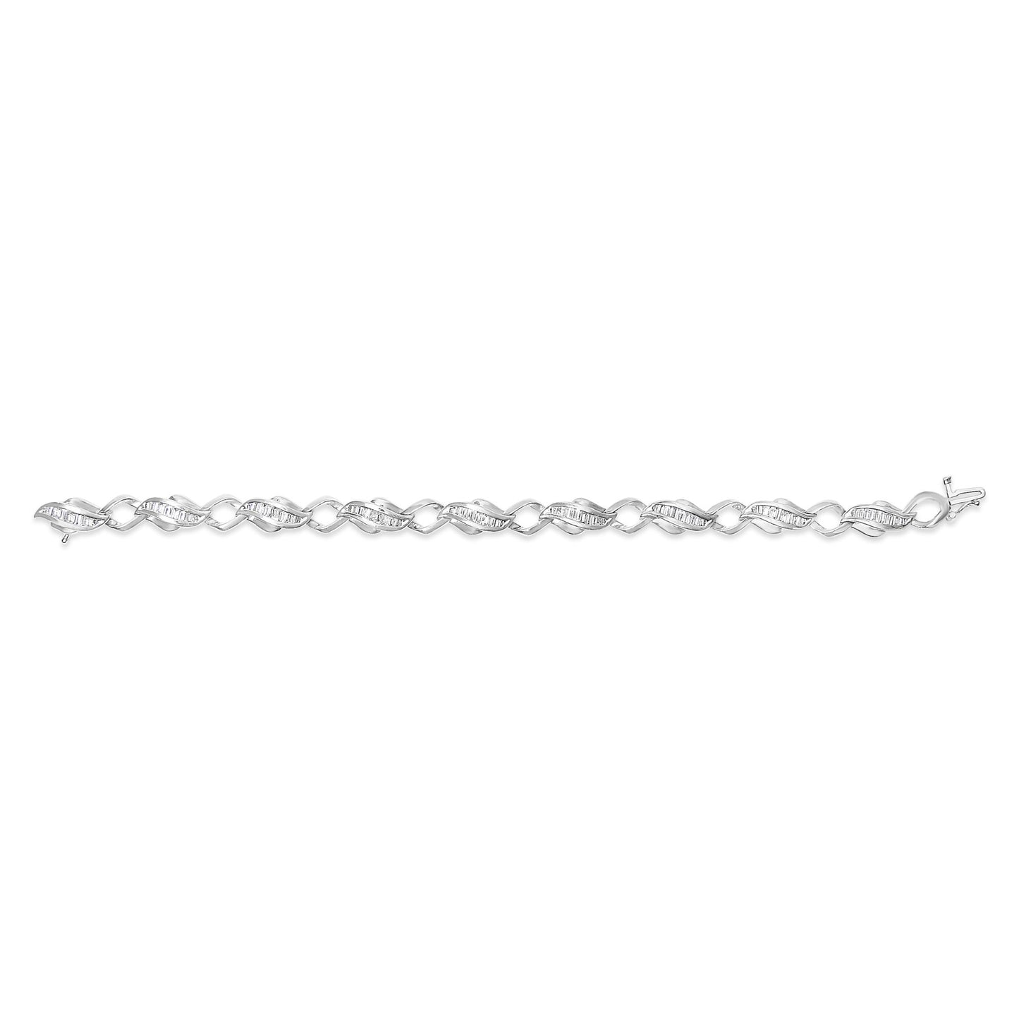 White bracelet with twisted links, each set with channel-set baguette-shaped white gemstones, shown from a top-down angle on a white background.