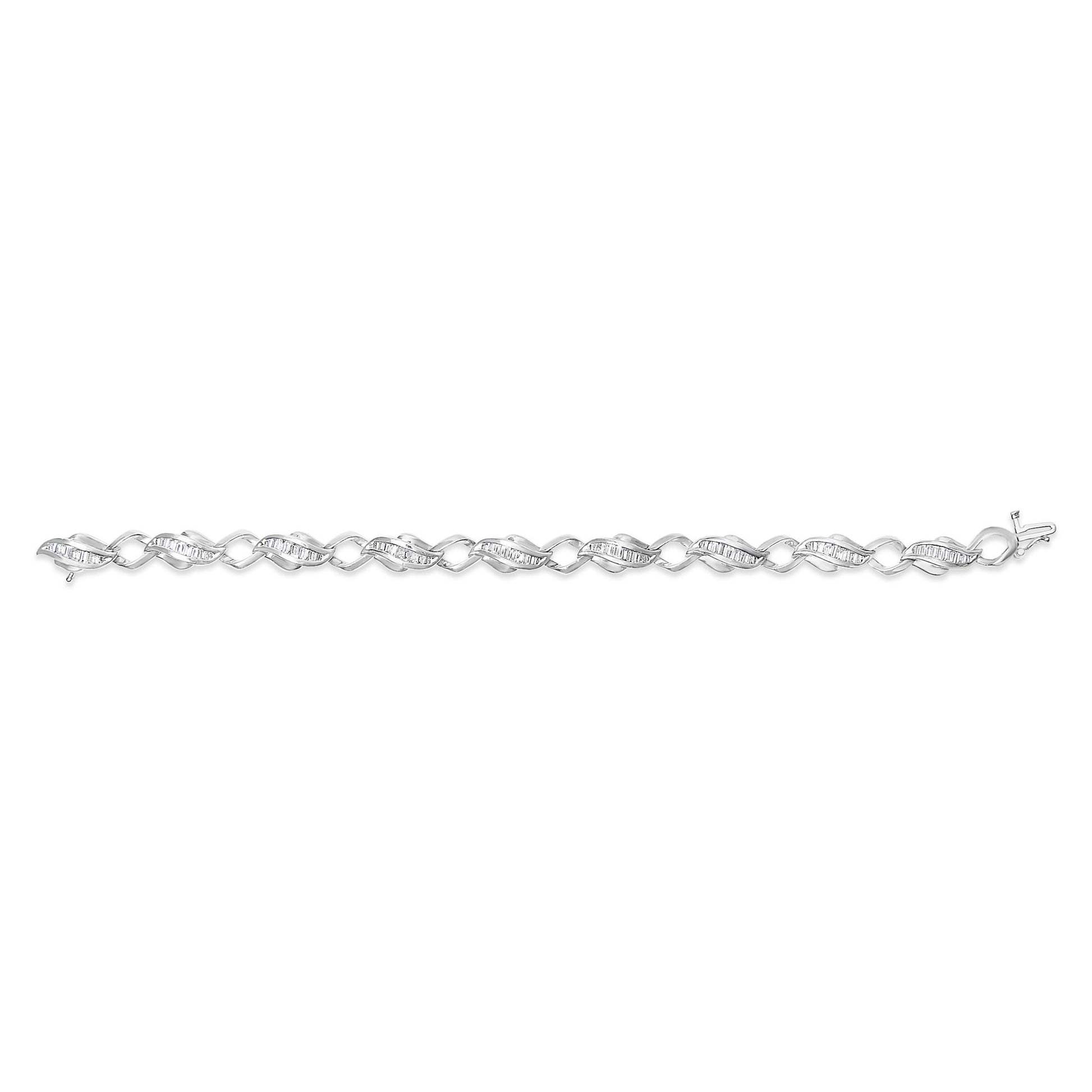 White bracelet with twisted links, each set with channel-set baguette-shaped white gemstones, shown from a top-down angle on a white background.