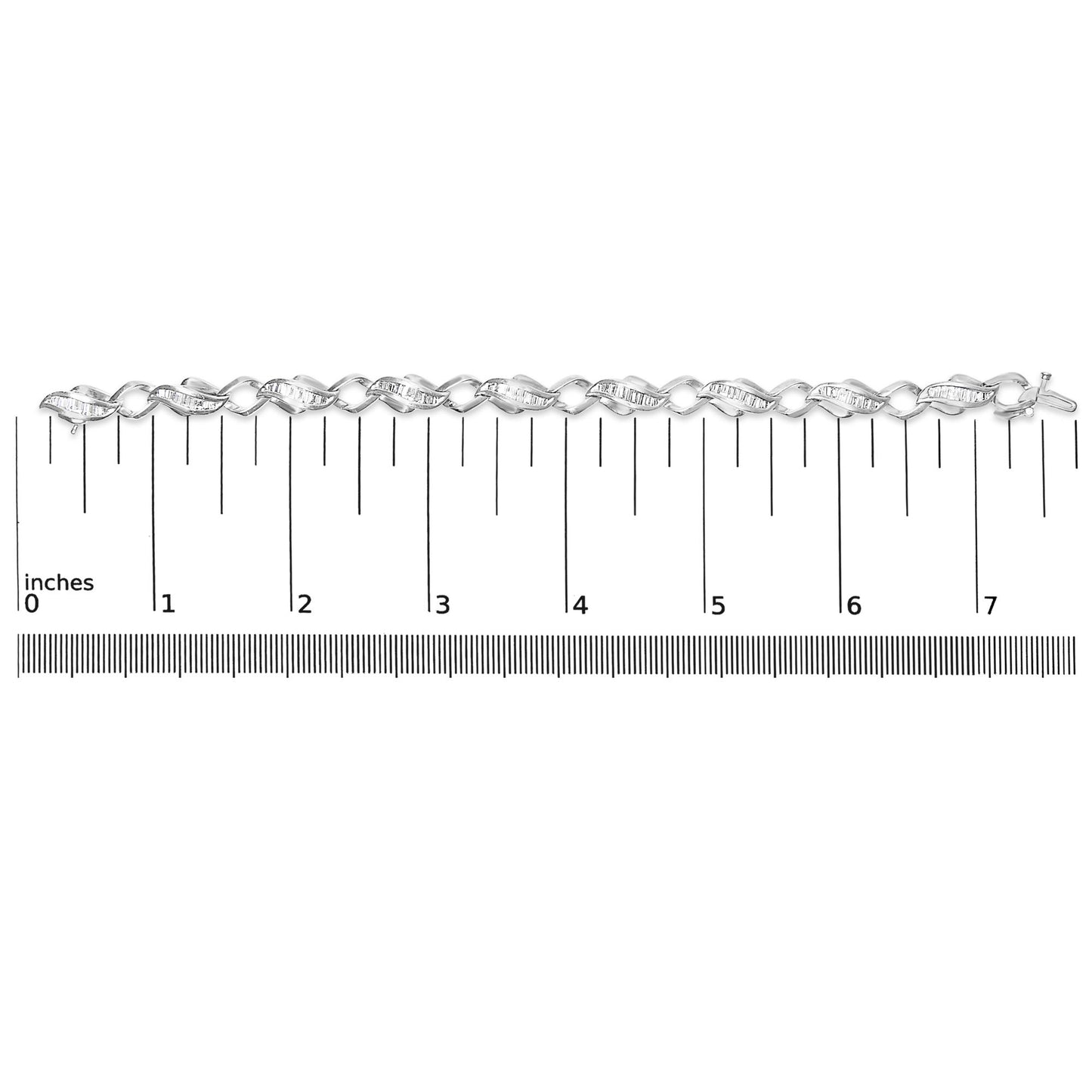 White metal bracelet with alternating twisted links set with white baguette-shaped gemstones in a channel setting, shown lying flat on a ruler scale, top-down angle.